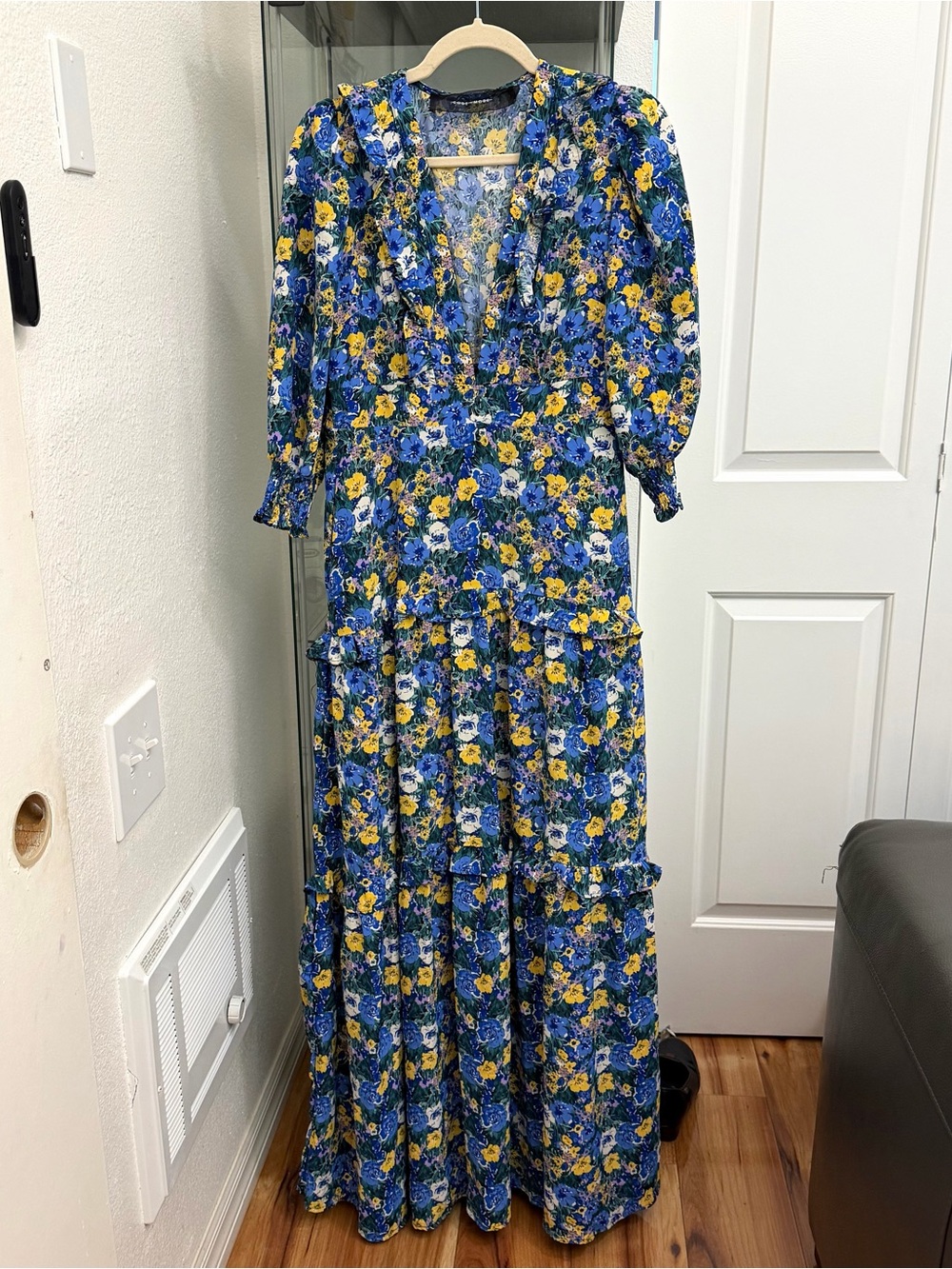 Code x Mode Blue Multi Floral Maxi Dress PocketsTiered Boho Prairiecore Sz M
